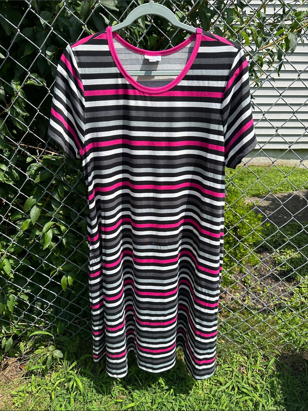 LuLaRoe Girls Black, White & Hot Pink Striped T-Shirt Dress